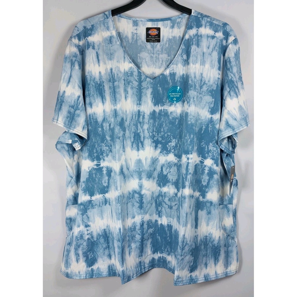 NWT Dickies Scrub Top 5XL Denim Blue & White Tie Dye Nurse Vet CNA Uniform Maid